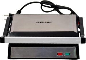 ماكينة لصنع الساندويتشات والبانيني، قطعتين - ماكينة ضغط 1500 وات مع ألواح مقاومة للتآكل غير لاصقة، مسطحة مفتوحة 180 درجة، مقبض بارد وصينية تقطير الزيت من اريون - الفولاذ المقاوم للصدأ/أسود